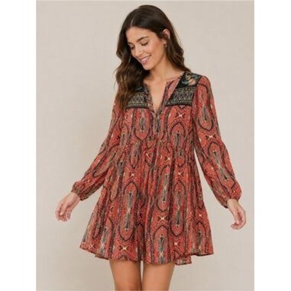 Zara Paisley Boho Embroidered Velvet Trim Babydoll Mini Dress Red Boho Women L